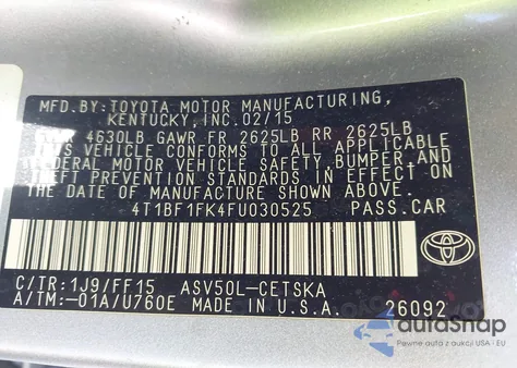 2015 Toyota Camry Se из США, поврежденный, VIN 4T1BF1FK4FU030525